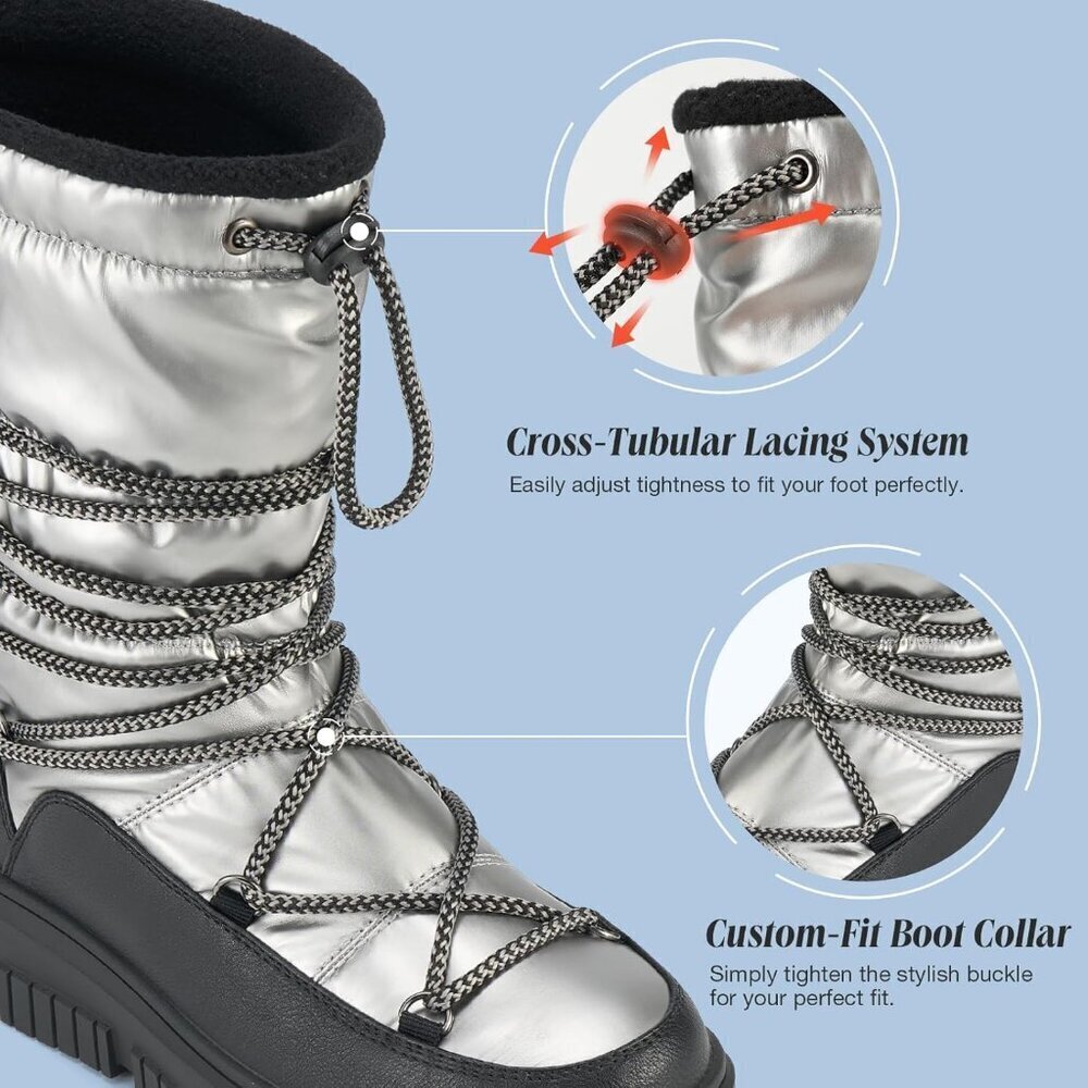Women Grey Waterproof Fleece Lined Rain Boots for Winter Cold Weather - Picture 5 of 8